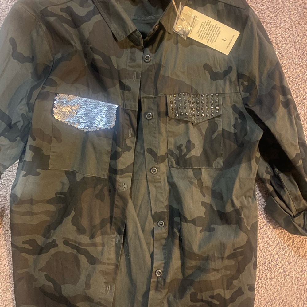 Women’s Camouflage Shirt with Sequin and Stud Accents